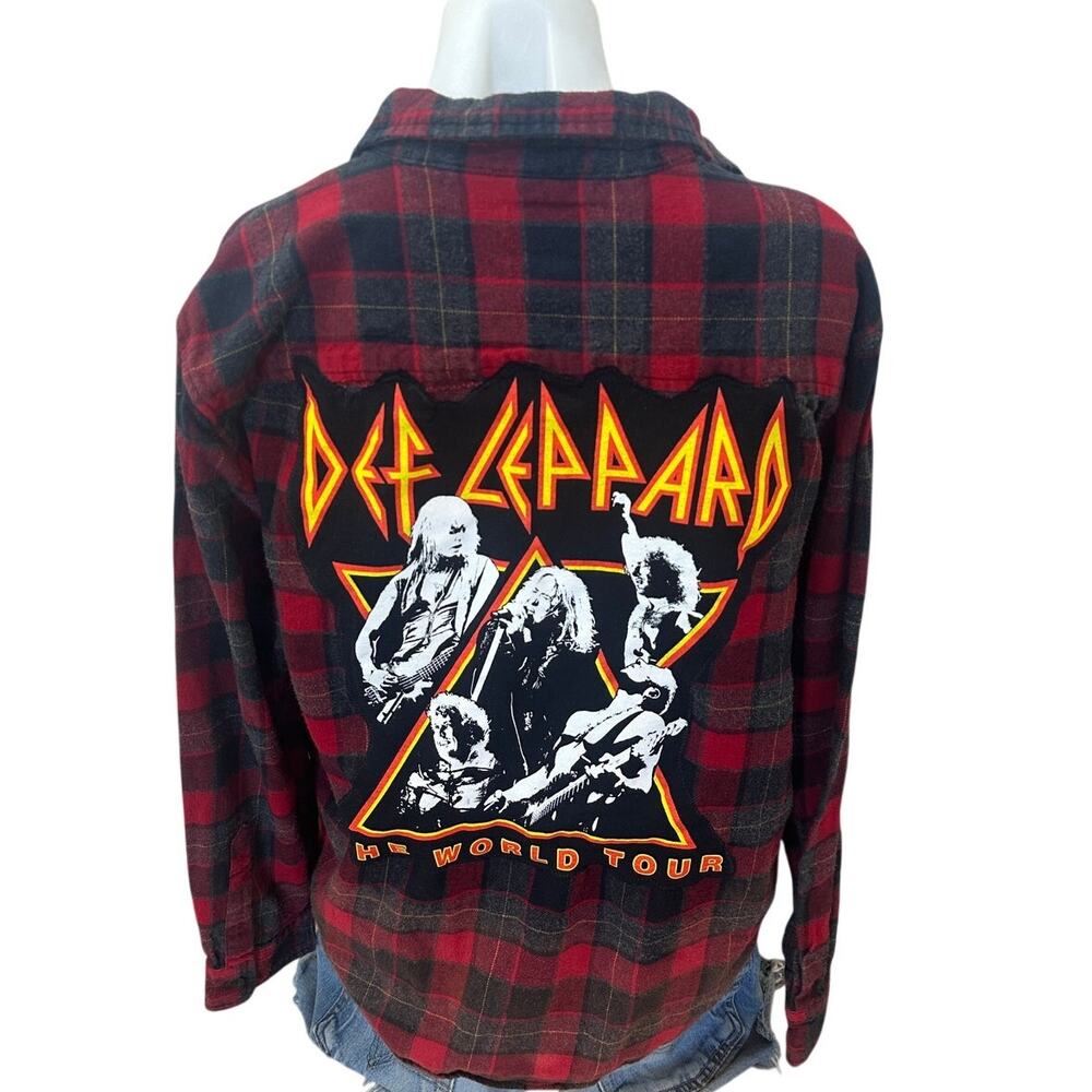 Def Leppard Plaid Flannel Shirt LARGE World Tour Concert Oversize Upcycle Unique